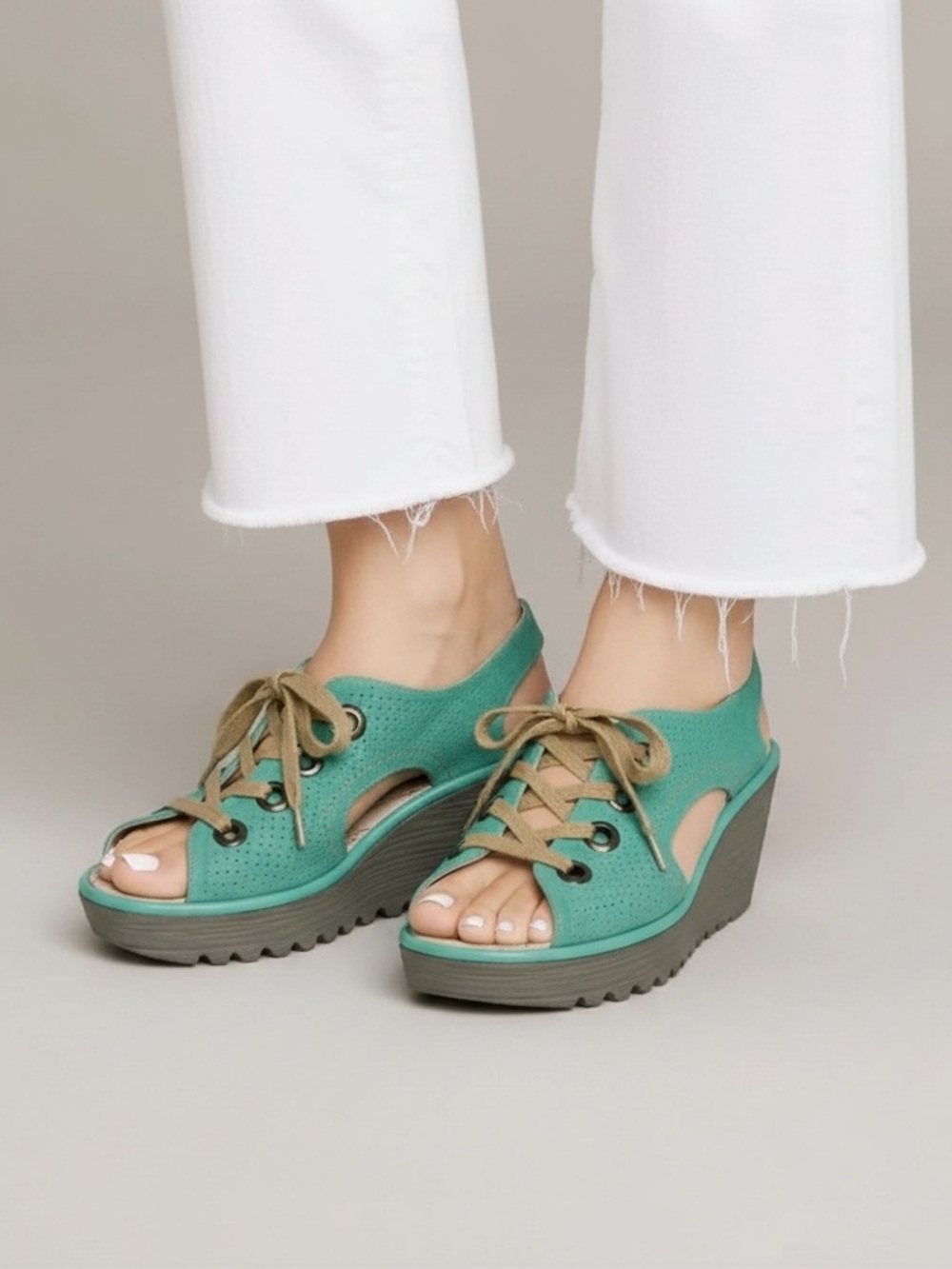 Fly London Yifa Leather Lace up Wedge Sandals Teal Green Perforated